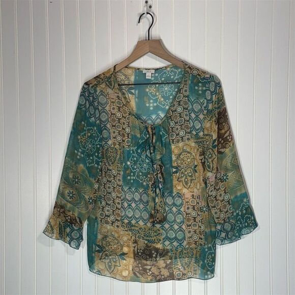 Apt. 9 Boho Patchwork Sheer Blouse L Made in Hong Kong Tie Neck Ruffle Cuff Top - Picture 1 of 10